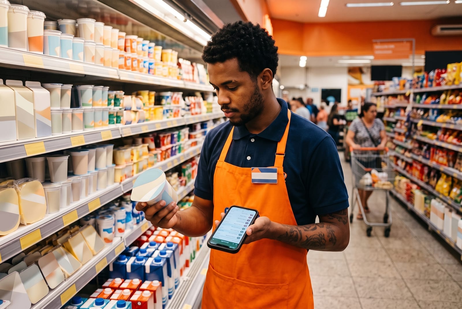 Repositor de supermercado confere a validade de um produto na gôndola de laticínios com o celular na mão.